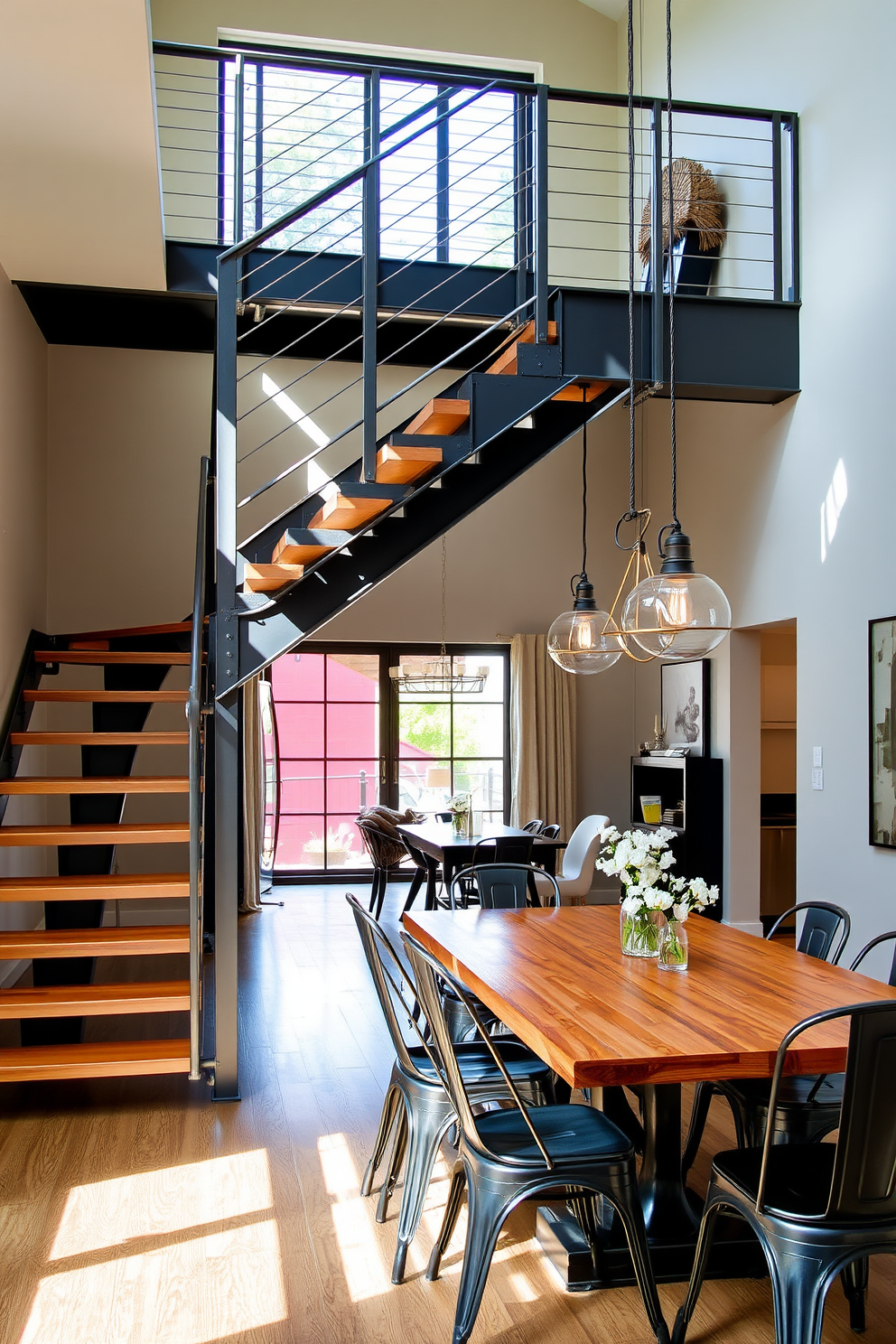 An industrial staircase with sleek metal accents and warm wooden steps creates a striking focal point in the dining room. The staircase features an open design, allowing natural light to flow through while complementing the modern aesthetic of the space. The dining room is adorned with a large wooden dining table surrounded by metal chairs, harmonizing with the staircase's design. Soft lighting fixtures hang above the table, casting a warm glow that enhances the inviting atmosphere of the room.