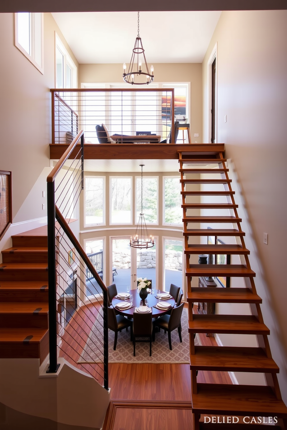 A stunning ladder-style staircase ascends gracefully to a cozy dining loft. The staircase features sleek wooden steps and a minimalist railing that complements the open space design. The dining area below is illuminated by a modern chandelier, creating an inviting atmosphere. Large windows allow natural light to flood the room, highlighting the elegant dining table set for a gathering.