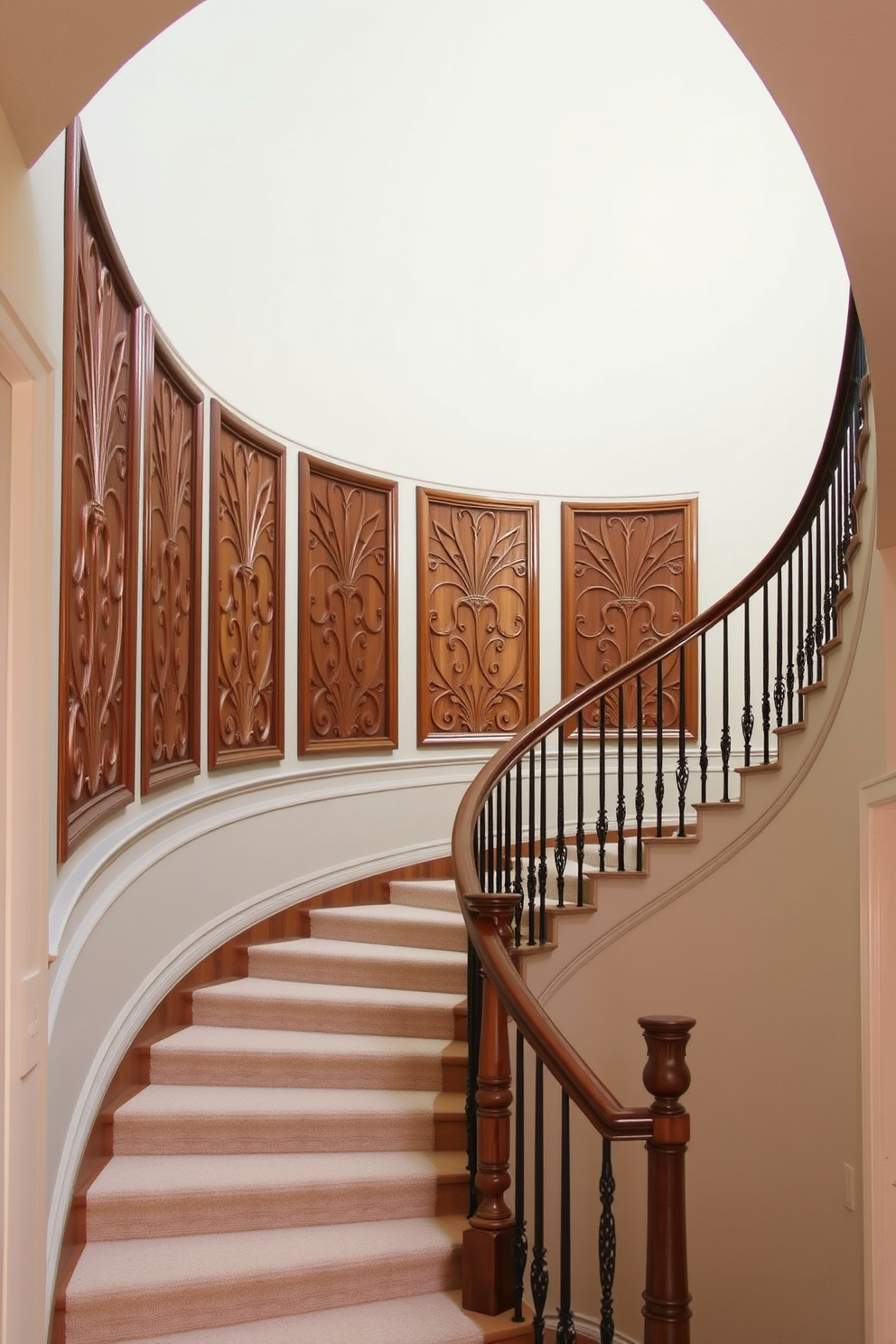 A winding staircase elegantly curves through the dining room, featuring decorative wall panels that add texture and sophistication. The staircase is adorned with a rich wooden handrail, and the walls are painted in a soft neutral tone to create a warm and inviting atmosphere.