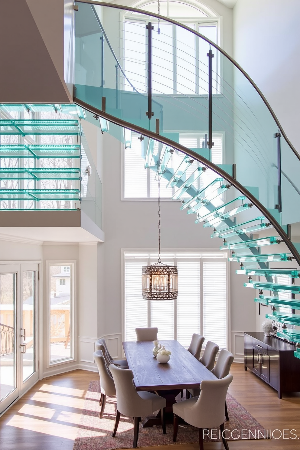 A stunning glass staircase elegantly curves above an open dining area. The staircase features sleek metal railings and is illuminated by natural light streaming through large windows. Below, the dining area boasts a modern wooden table surrounded by upholstered chairs. A statement chandelier hangs above the table, adding a touch of sophistication to the space.