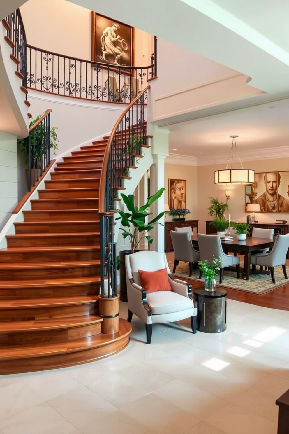 A beautifully designed staircase with a cozy reading corner at the base. The staircase features elegant wooden steps with a wrought iron railing, and the reading corner includes a plush armchair and a small bookshelf filled with books. A spacious dining room with a modern staircase as the focal point. The dining area is adorned with a large wooden table surrounded by upholstered chairs, and the staircase is accented with decorative plants and soft lighting.