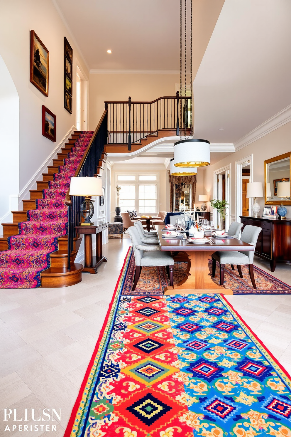 A bold patterned staircase runner leads up a grand staircase that is the focal point of the dining room. The runner features vibrant colors and geometric designs that complement the elegant decor of the space. Surrounding the staircase, the dining room showcases a mix of modern and classic furniture. A large wooden dining table is set with stylish tableware, while contemporary pendant lights hang above, creating a warm and inviting atmosphere.