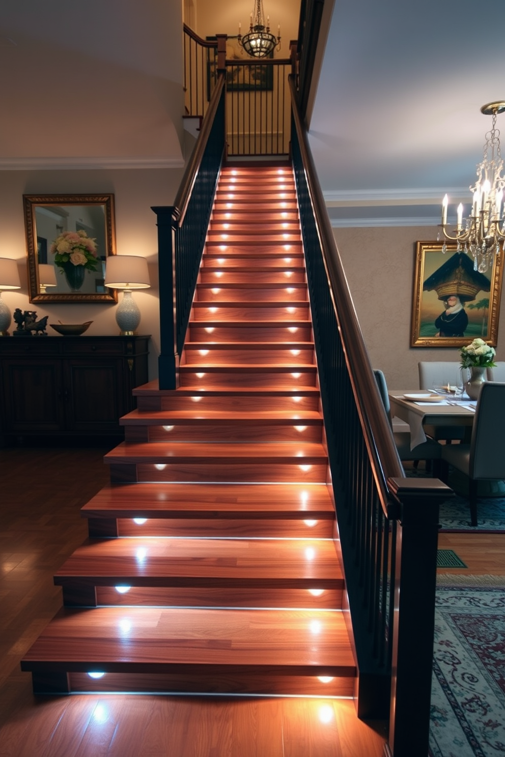 A stunning staircase with integrated lighting creates a warm and inviting ambiance. The steps are made of rich hardwood, and sleek LED lights are embedded along the sides, illuminating the way. In the dining room, the staircase serves as a focal point, seamlessly blending with the overall design. Elegant railings complement the dining room decor, enhancing the sophisticated atmosphere.