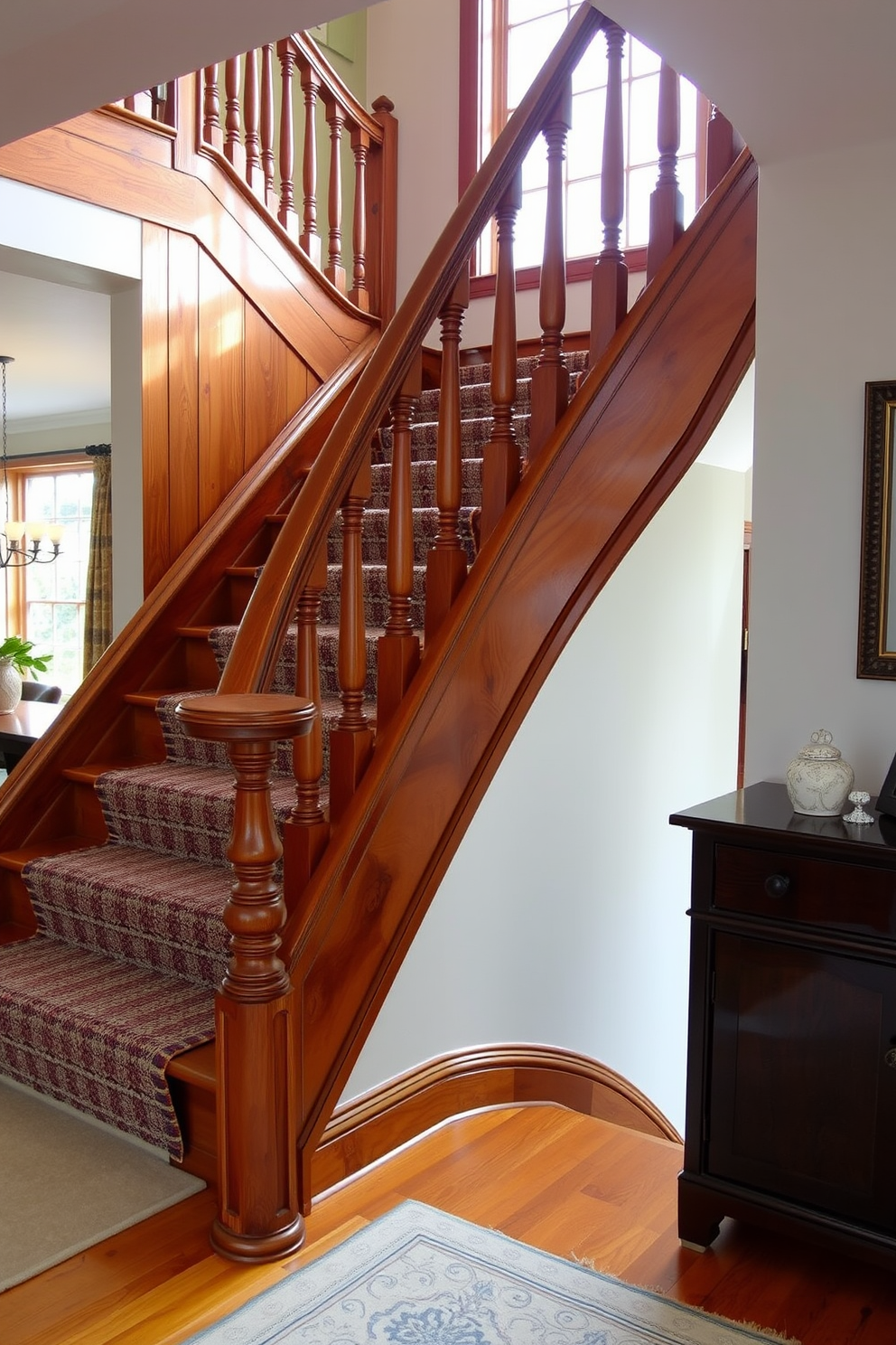 A vintage staircase with a reclaimed wood finish gracefully curves upwards, showcasing intricate balusters and a polished handrail. The warm tones of the wood complement the surrounding decor, adding character and charm to the dining room. The staircase is adorned with a plush runner that features a subtle pattern, enhancing the overall elegance of the space. Natural light streams in from a nearby window, illuminating the staircase and creating a welcoming atmosphere in the dining area.