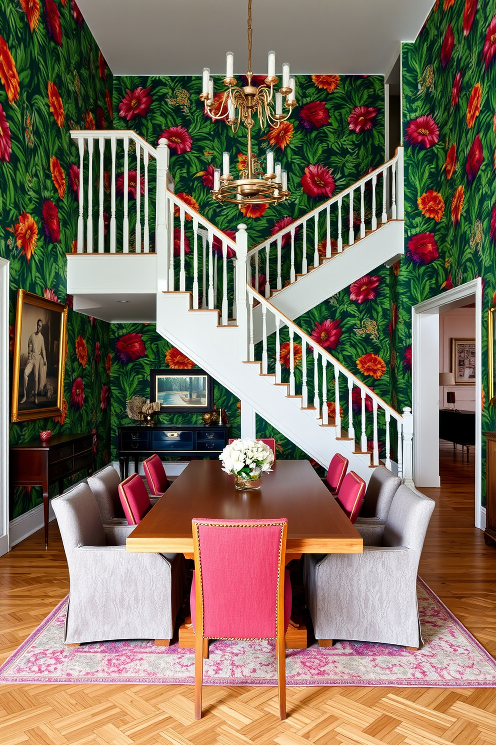 A staircase with vibrant wallpaper as a backdrop. The wallpaper features bold floral patterns in bright colors, creating a striking contrast against the white staircase railings. The dining room is designed with an open layout that seamlessly connects to the staircase. A large wooden dining table is centered in the room, surrounded by upholstered chairs that complement the vibrant wallpaper.