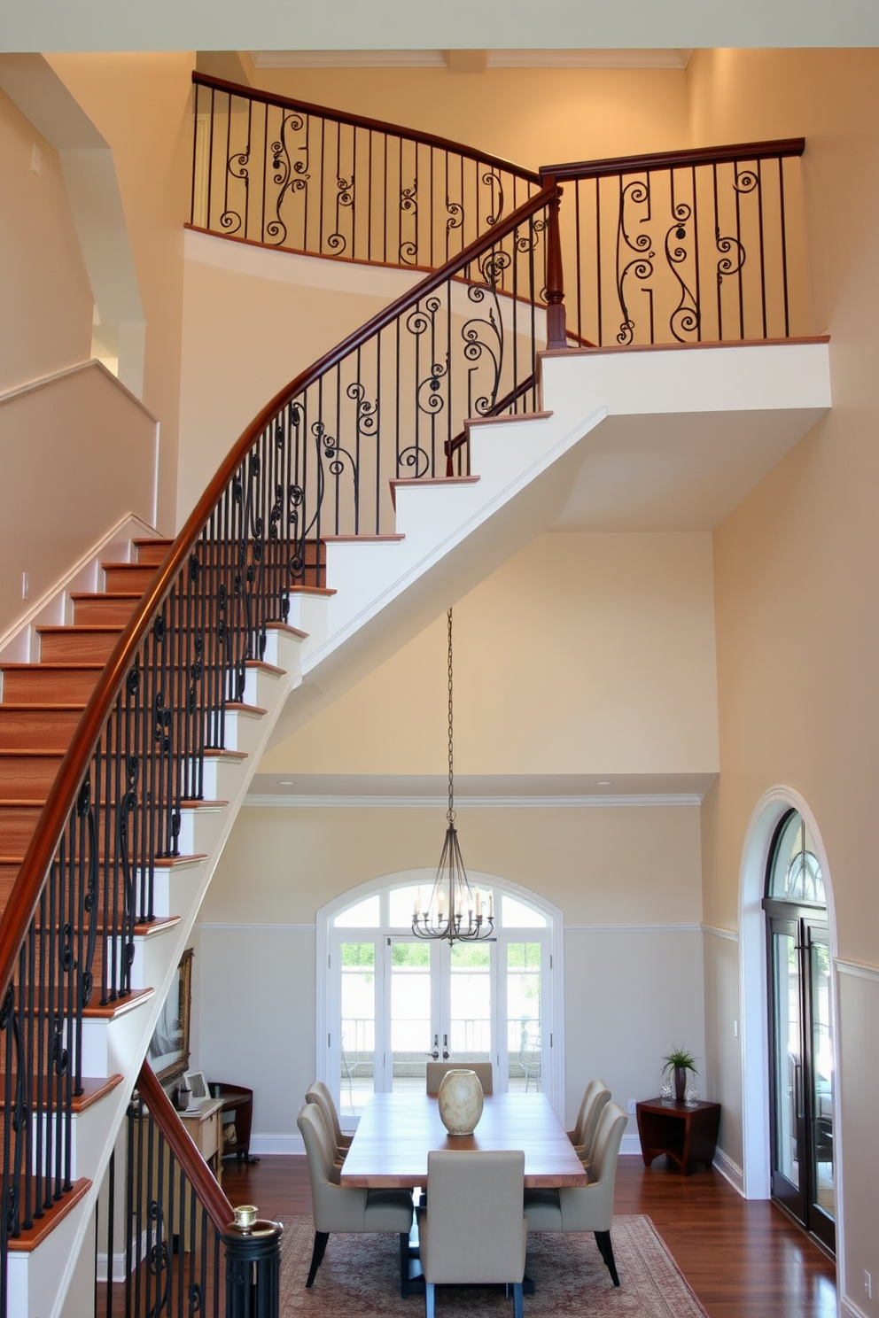 A stunning multi-level staircase gracefully ascends from the dining area below, featuring sleek wooden steps and an elegant wrought iron railing. The dining space beneath is illuminated by a modern chandelier, with a large wooden table surrounded by plush upholstered chairs, creating a warm and inviting atmosphere.