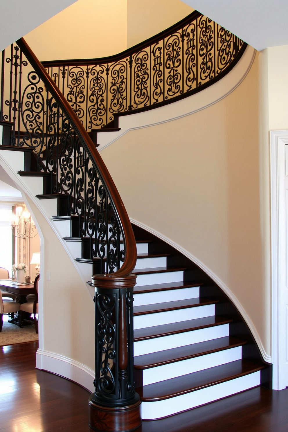 Elegant staircase with wrought iron details. The staircase features a dark wooden handrail and intricate wrought iron balusters that create a striking visual contrast. Staircase in dining room design ideas. The staircase is adorned with soft, ambient lighting that highlights the elegant curves and adds warmth to the dining space.