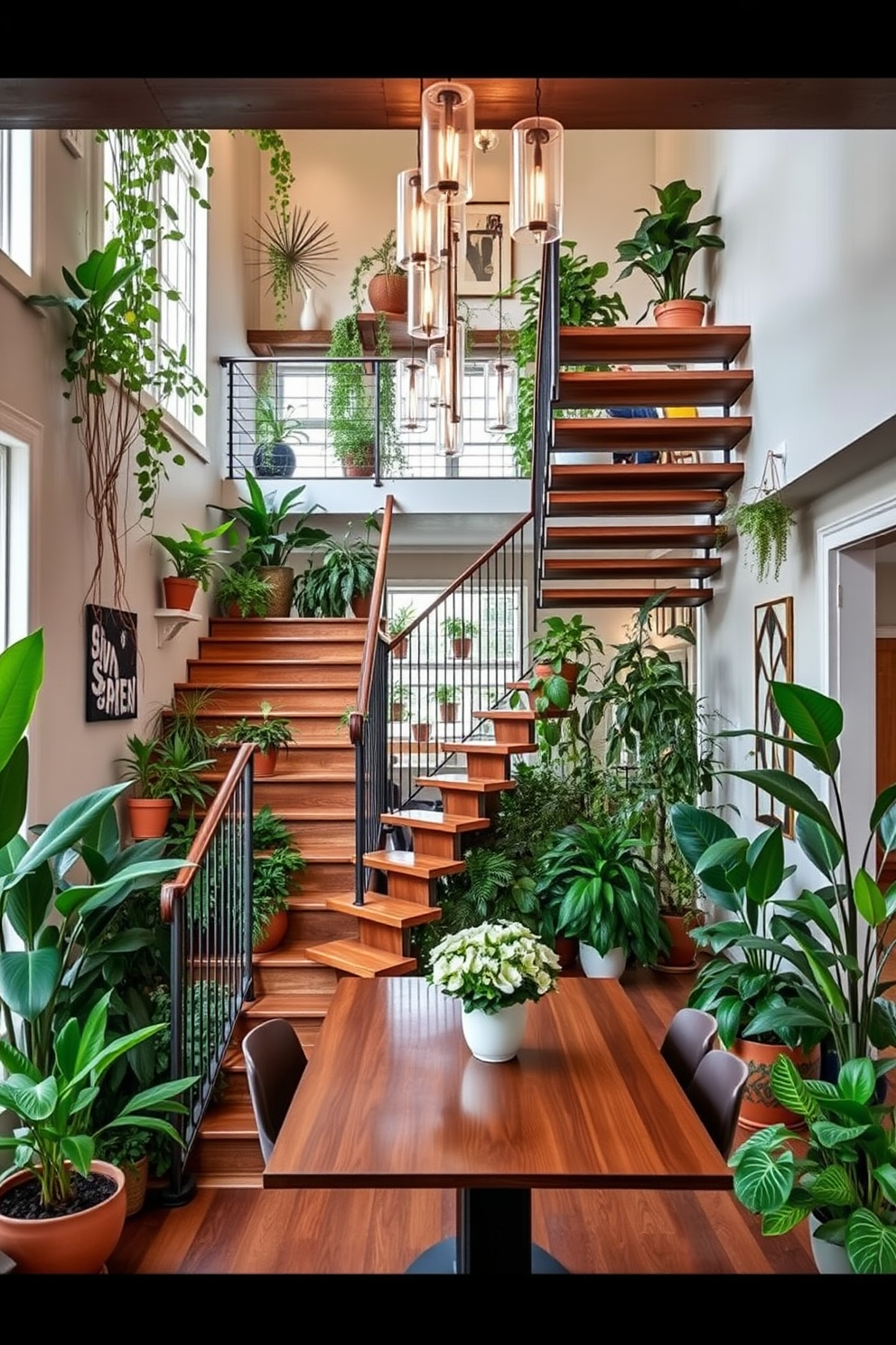 A stunning staircase surrounded by lush indoor plants creates a vibrant and inviting atmosphere. The wooden steps are complemented by a sleek metal railing, while various potted plants in different sizes and shapes are strategically placed along the sides. In the dining room, the staircase serves as a focal point, enhancing the overall design. Elegant lighting fixtures above the dining table illuminate the space, creating a warm and welcoming environment for gatherings.