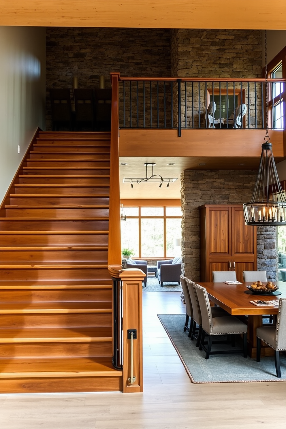 A rustic staircase ascends gracefully against a striking stone wall feature. The warm wooden steps contrast beautifully with the textured stone, creating a cozy and inviting atmosphere. The dining room features a stunning design that complements the staircase. A large wooden dining table is surrounded by upholstered chairs, with natural light streaming in from large windows that highlight the rustic charm.