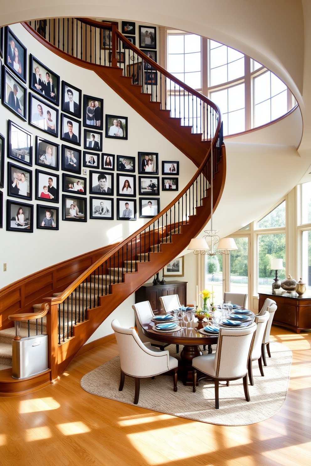 A grand staircase curves elegantly in the dining room, adorned with a gallery of family photos framed in classic black. The photos capture cherished moments, creating a warm and inviting atmosphere that complements the rich wood tones of the staircase. The dining room features a stylish design with a long wooden table set for a gathering, surrounded by upholstered chairs. Natural light floods the space through large windows, highlighting the elegant decor and creating a vibrant yet cozy ambiance.