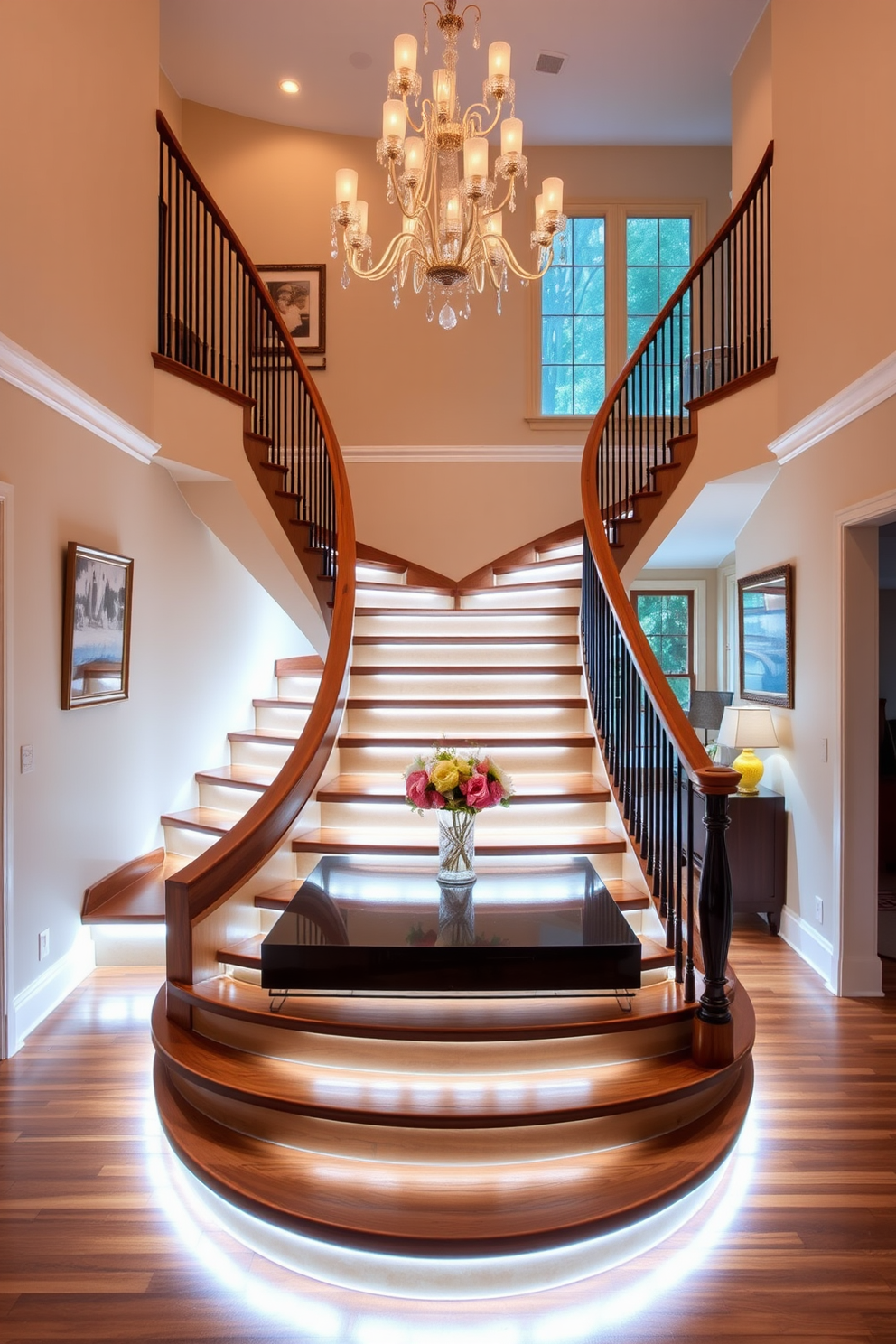 A stunning staircase with underlighting creates a dramatic focal point in the dining room. The steps are crafted from rich hardwood, and the soft glow from the lighting highlights the elegant curves and lines of the staircase. Incorporating a staircase into the dining room design adds a sense of grandeur and sophistication. The surrounding walls are adorned with tasteful artwork, and a stylish chandelier hangs above the dining table, complementing the staircase's design.