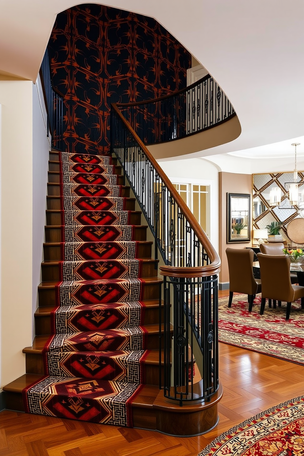 Art deco staircase with geometric designs. The staircase features bold geometric patterns in rich colors, complemented by elegant metal railings and a polished wooden banister. Staircase in dining room design ideas. The staircase is adorned with intricate detailing, seamlessly integrating with the dining room's luxurious decor and providing a stunning focal point.