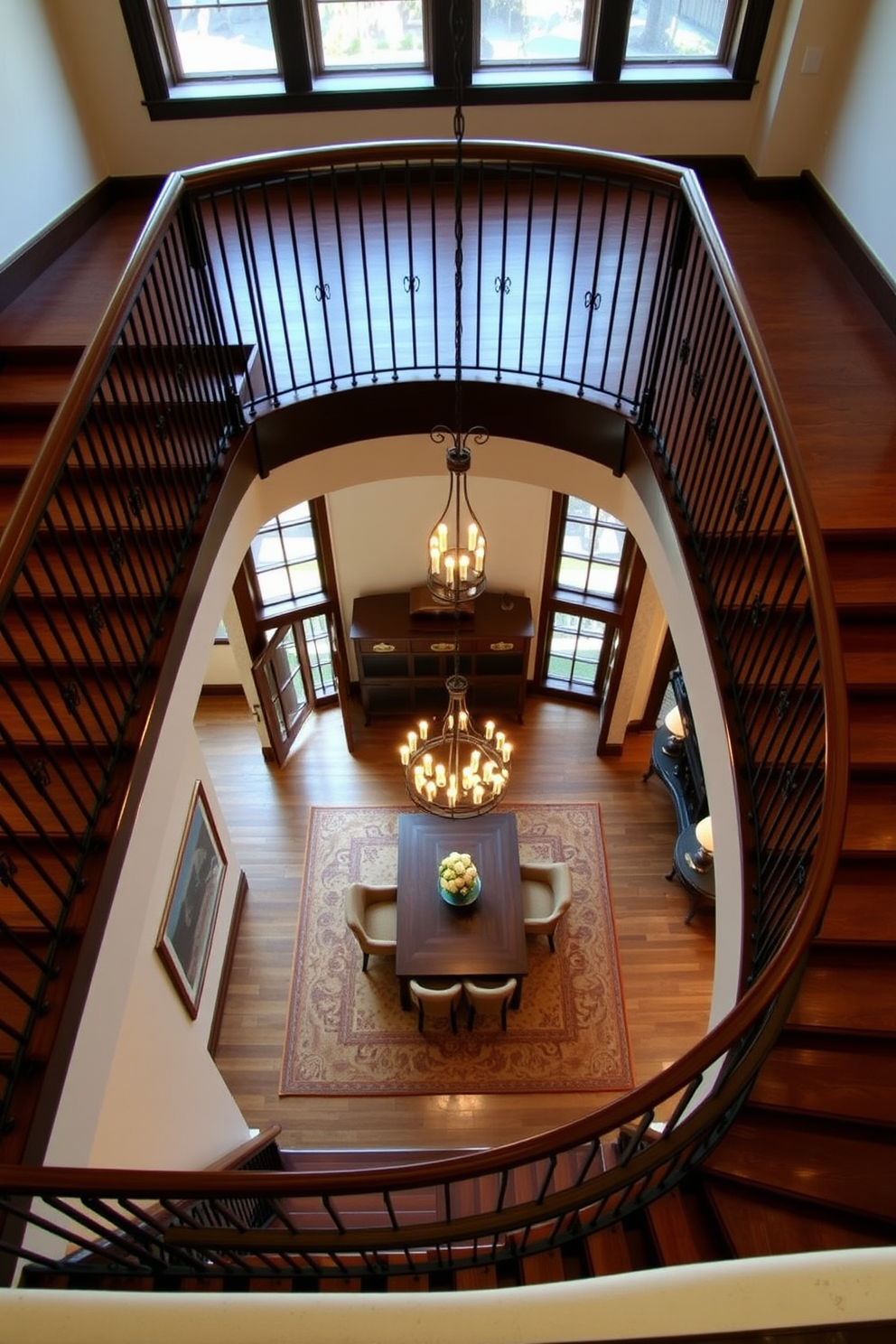 A grand staircase elegantly curves upwards, showcasing a stunning view of the dining area below. The staircase features rich wooden steps and a sleek wrought iron railing, creating a sophisticated focal point in the room. The dining area is adorned with a large, rectangular table that comfortably seats eight, surrounded by plush upholstered chairs. A statement chandelier hangs above the table, casting a warm glow over the space and enhancing the inviting atmosphere.