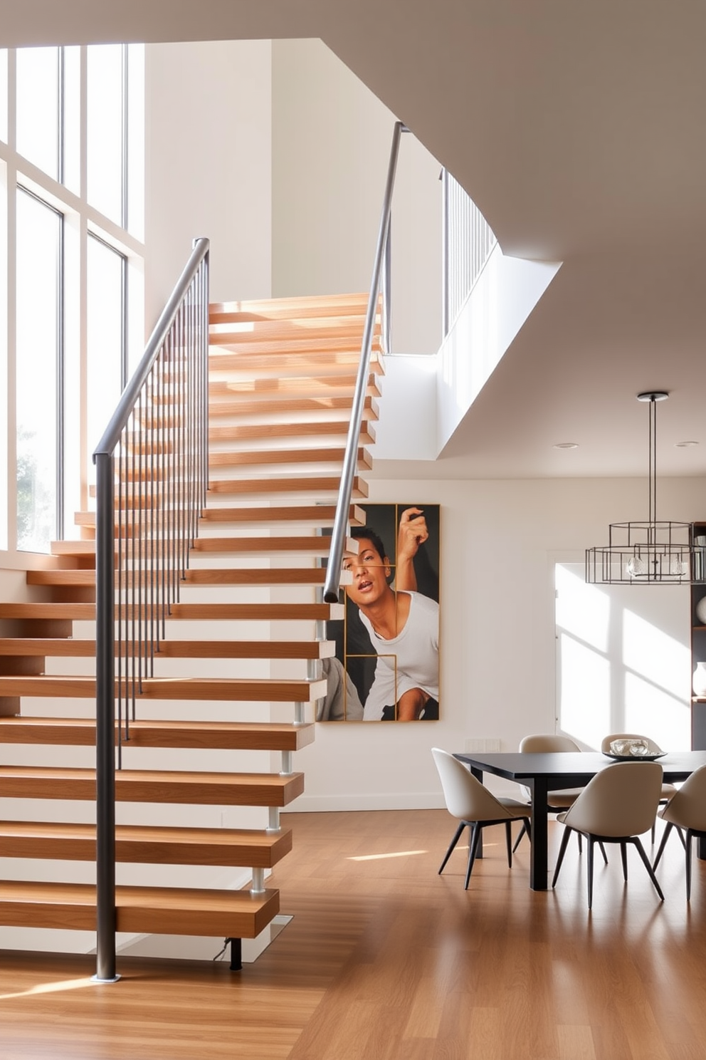 A contemporary staircase with open risers features sleek wooden steps that create an airy feel. The staircase is illuminated by natural light streaming in from large windows, highlighting the minimalist design. In the dining room, the staircase serves as a striking focal point with its elegant lines. Surrounding the staircase are stylish dining chairs and a modern table, creating a harmonious blend of functionality and aesthetics.