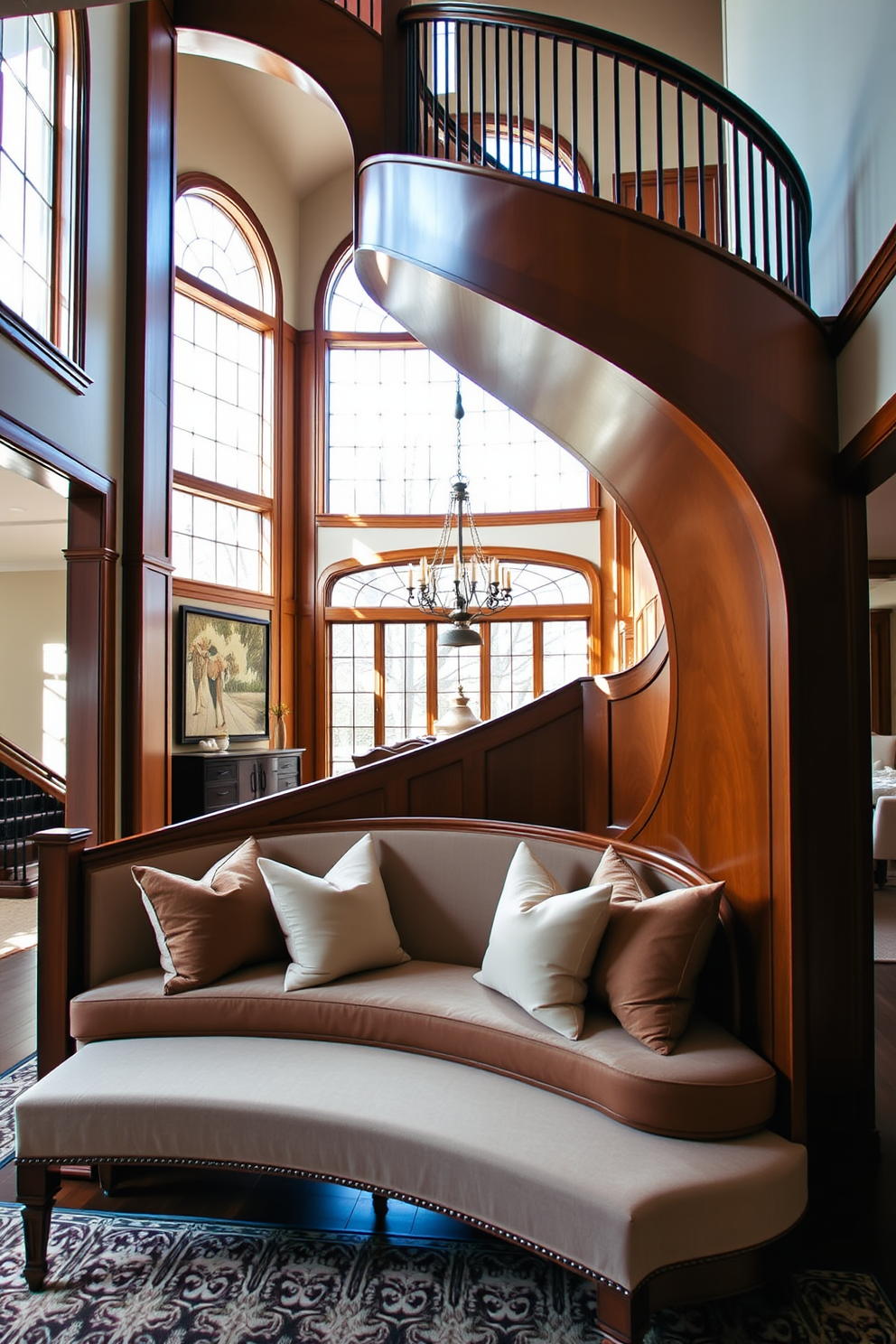 A grand staircase with a warm wooden finish curves elegantly upward. At the base, a cozy upholstered bench invites guests to sit, adorned with plush throw pillows in soft hues. The dining room features a stunning staircase that serves as a focal point. The space is enhanced by natural light streaming in from large windows, illuminating the rich textures of the decor.