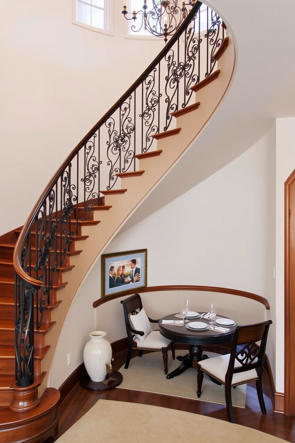 A stunning curved staircase gracefully ascends through the dining room, featuring elegant wrought iron railings and rich wooden steps. Below the staircase, a cozy dining nook is nestled, adorned with plush cushions and a round table set for intimate gatherings.