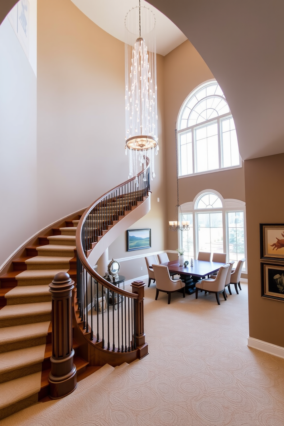 A grand staircase elegantly curves upward, adorned with a unique chandelier that cascades light downwards. The walls are painted in a warm taupe, and the staircase features rich wooden handrails and plush carpet runners. The dining room adjacent to the staircase showcases a large wooden table surrounded by upholstered chairs. Large windows allow natural light to flood the space, highlighting the tasteful artwork that decorates the walls.