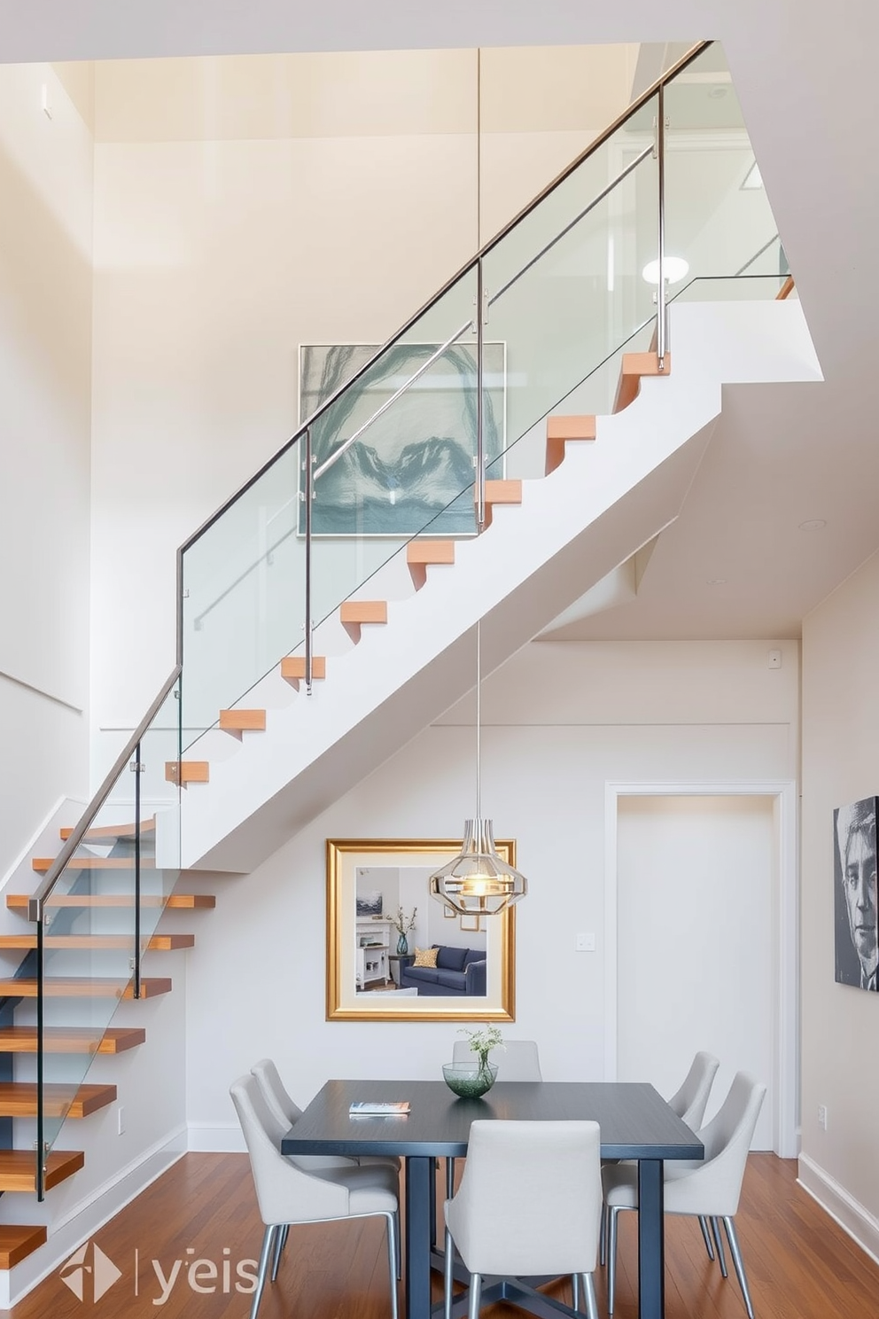 A stunning floating staircase elegantly ascends above the dining area, creating an open and airy atmosphere. The staircase features sleek wooden treads and a glass railing, enhancing the modern aesthetic of the space. Beneath the staircase, a stylish dining table is set with contemporary chairs, inviting guests to gather and enjoy meals. The walls are adorned with tasteful artwork, and soft pendant lighting casts a warm glow over the dining area.