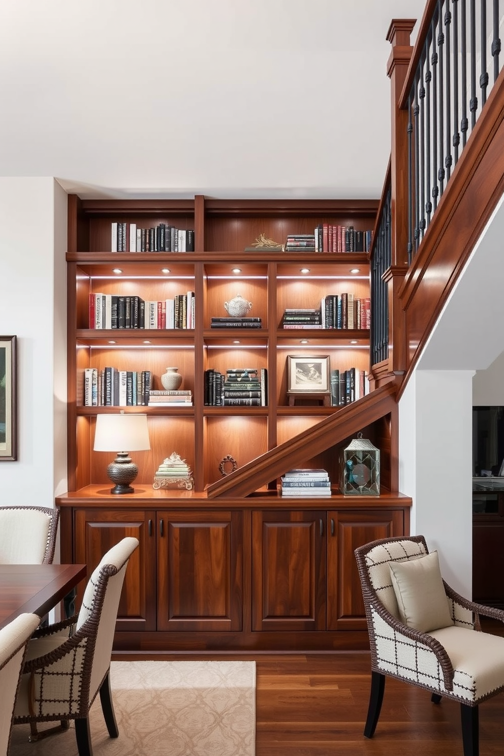 A stunning staircase with built-in bookshelves underneath serves as a focal point in the dining room. The bookshelves are crafted from rich wood, showcasing a curated selection of books and decorative items, adding warmth and character to the space. The staircase features elegant railings that complement the overall design aesthetic of the dining room. Soft lighting highlights the bookshelves, creating an inviting atmosphere perfect for gatherings and family meals.