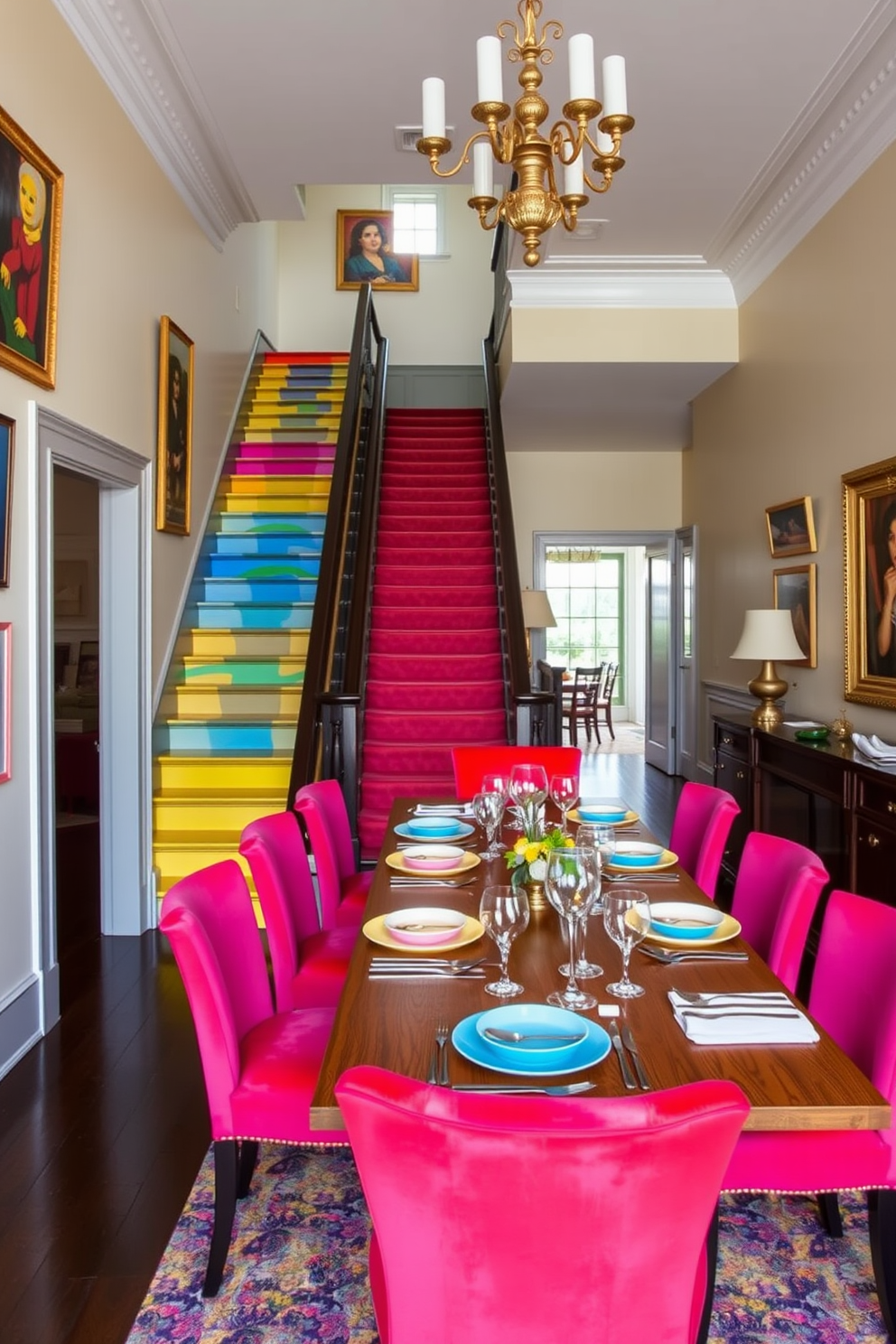 A colorful staircase with a vibrant design leads into the dining room. The walls are adorned with artwork that complements the hues of the staircase, creating a cohesive look. In the dining area, a long wooden table is set with colorful tableware that matches the staircase. Brightly upholstered chairs surround the table, adding a playful touch to the elegant space.