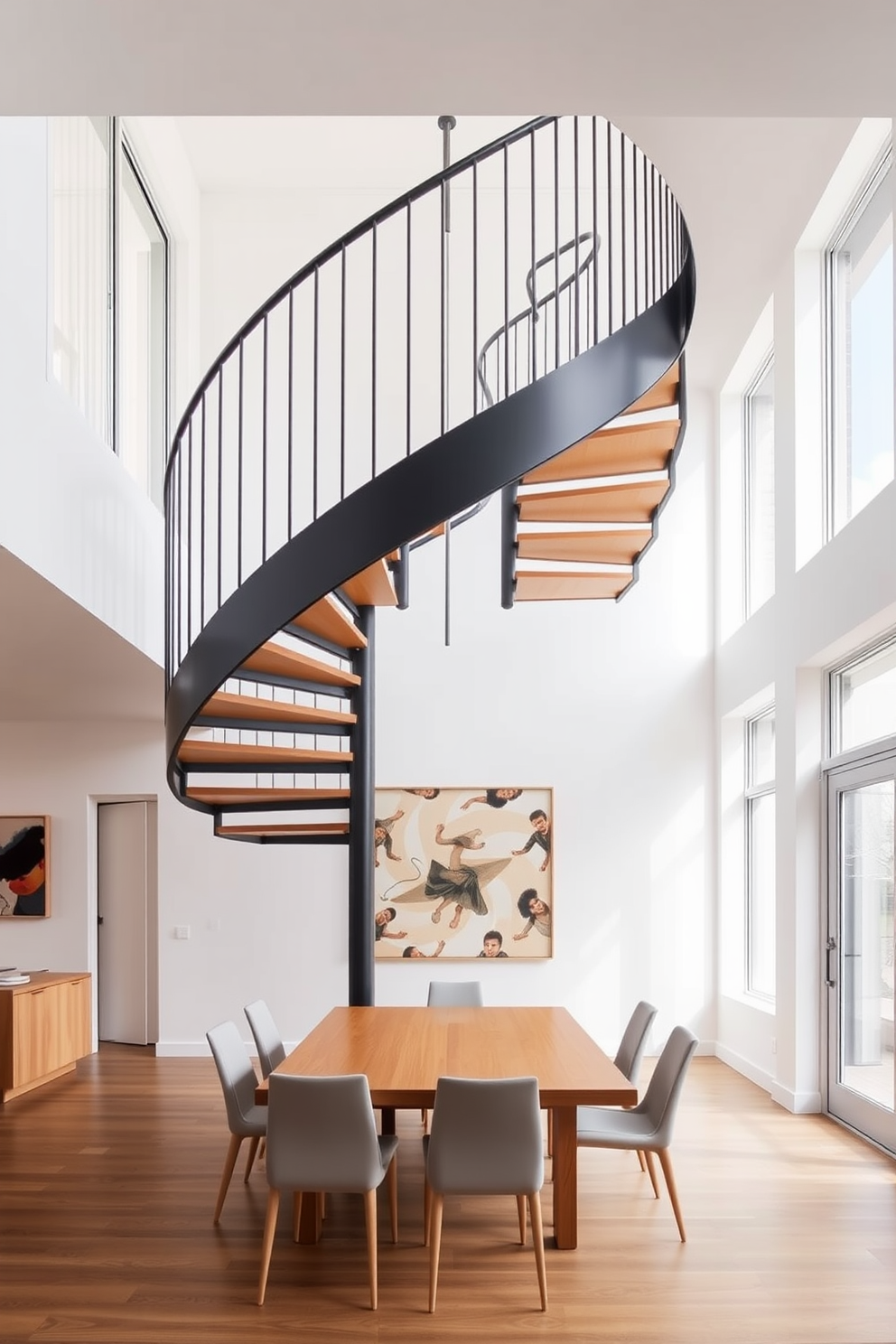 A modern spiral staircase elegantly spirals upward in a minimalist dining room. The staircase features sleek metal railings and wooden treads, creating a striking focal point against the white walls. The dining room is adorned with a simple wooden table surrounded by understated chairs. Large windows allow natural light to flood the space, highlighting the clean lines and open layout.