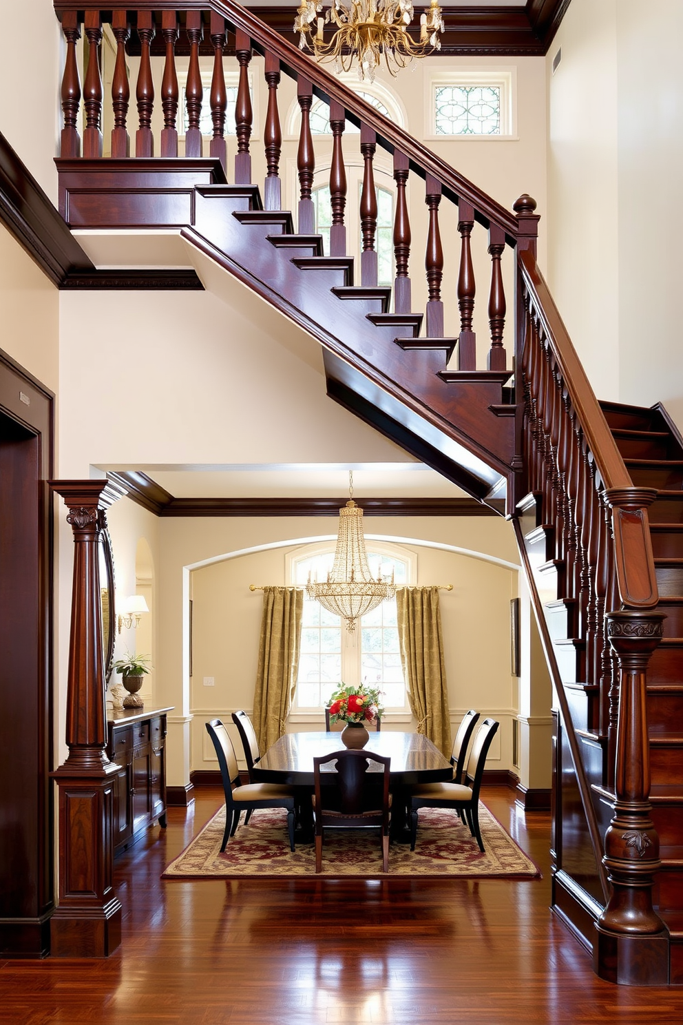 Classic wooden staircase with ornate balusters. The staircase features rich dark wood with intricate carvings and a polished finish that enhances its elegance. In the dining room, the staircase serves as a stunning focal point. The area is adorned with a large chandelier above a polished dining table, creating a warm and inviting atmosphere.