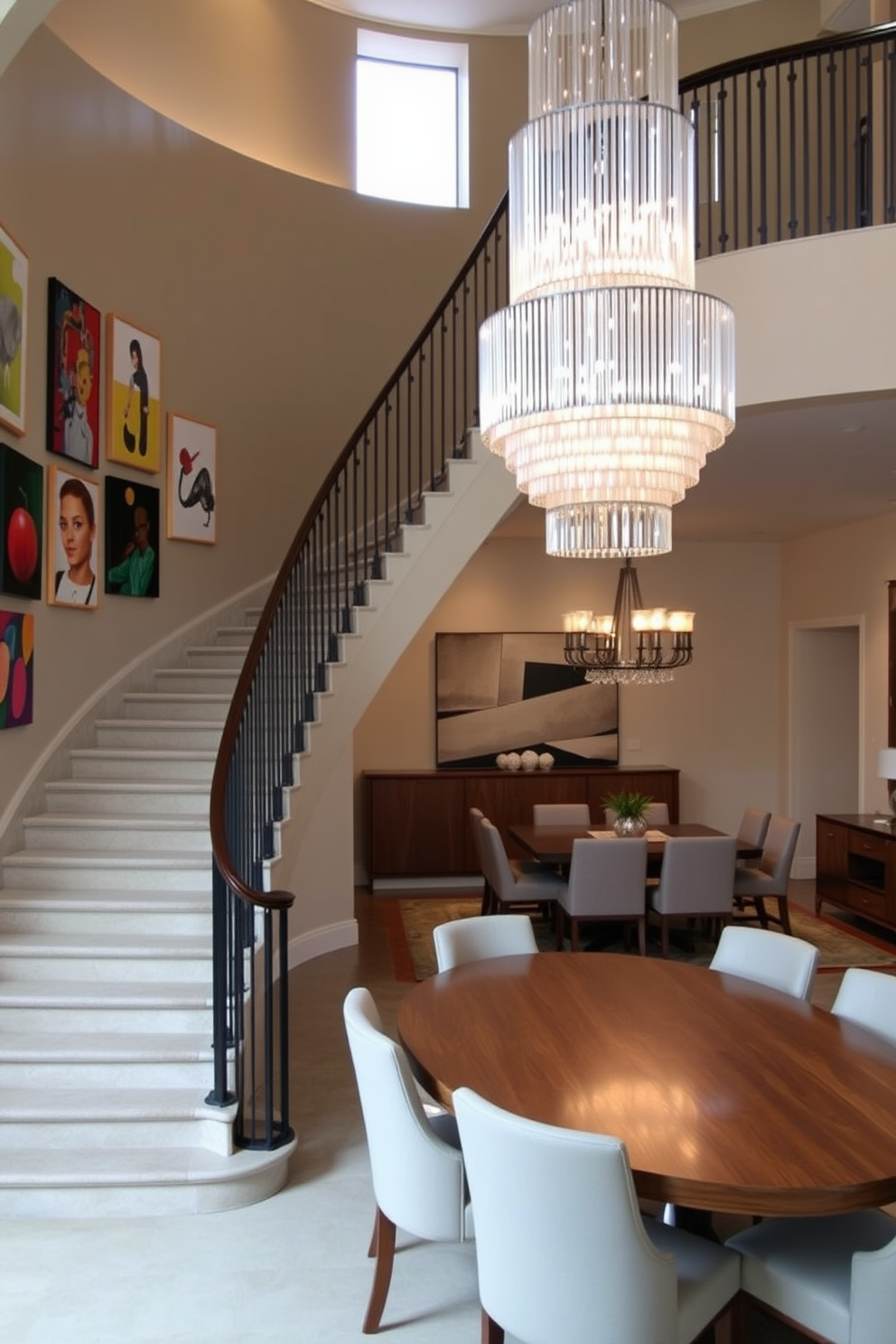 A stunning staircase elegantly curves upward, featuring a collection of contemporary artwork displayed along the wall. The artwork includes vibrant abstract pieces that complement the neutral tones of the staircase and surrounding area. The dining room adjacent to the staircase boasts a large wooden table surrounded by upholstered chairs. A statement chandelier hangs above the table, casting a warm glow over the space and enhancing the inviting atmosphere.