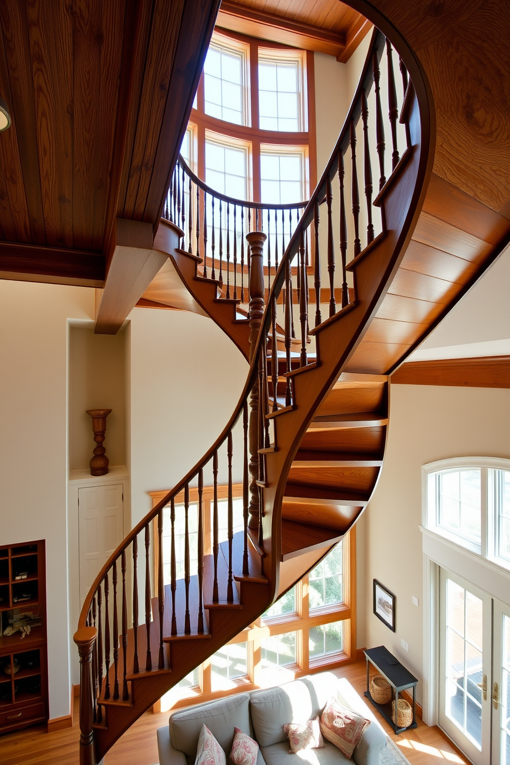 A stunning spiral staircase with elegant wood accents gracefully winds its way upward. The rich, warm tones of the wood contrast beautifully with the light, airy atmosphere of the family room. The staircase features intricately designed balusters that add a touch of sophistication. Below, a cozy seating area invites relaxation, complemented by natural light streaming through large windows.