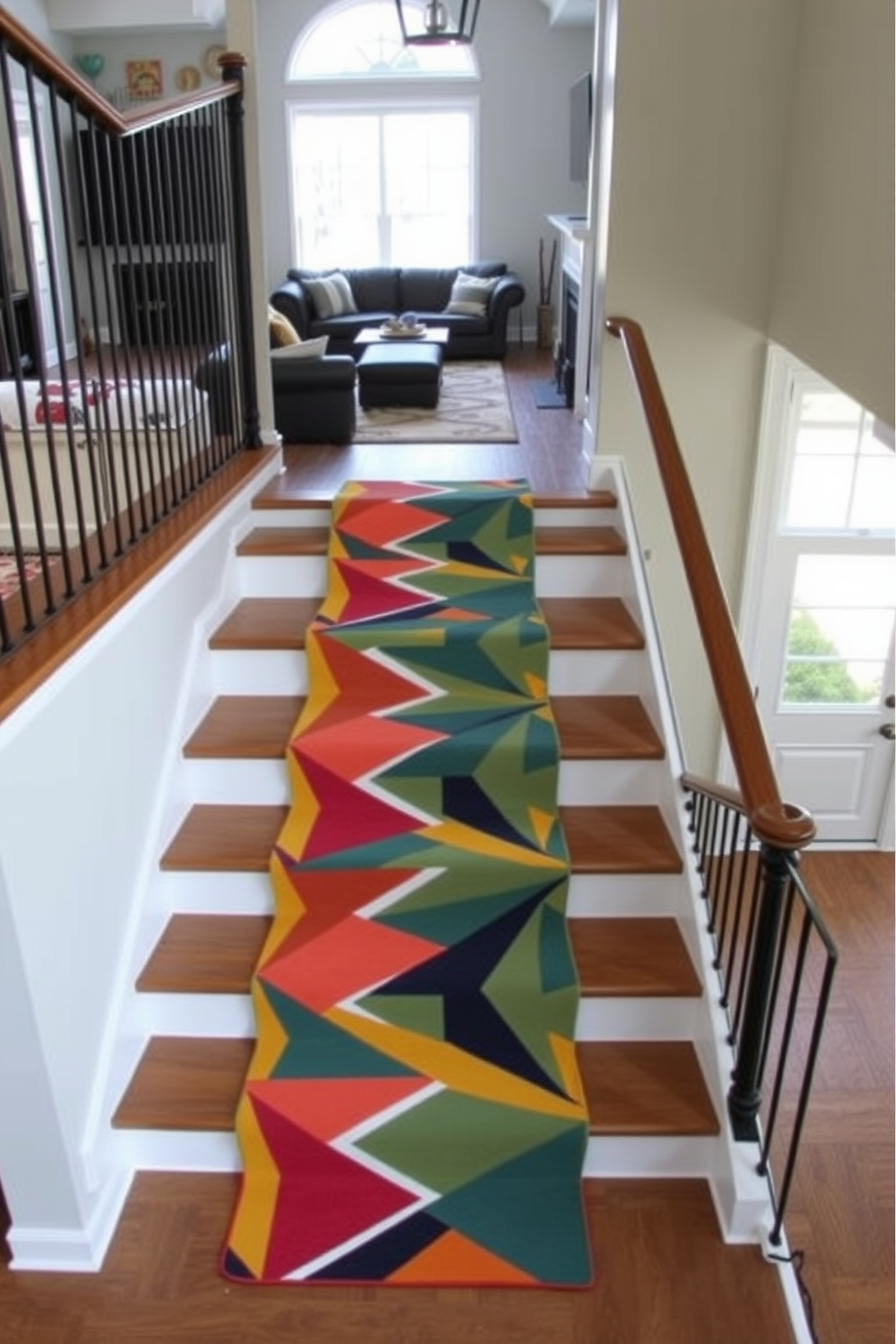 A striking geometric patterned runner stretches across the staircase, adding a vibrant touch to the family room. The runner features bold colors and sharp angles that complement the modern aesthetic of the space, enhancing the overall design. The staircase itself is a focal point, with sleek wooden steps and a stylish metal railing. Natural light floods the area, highlighting the runner and creating an inviting atmosphere for family gatherings.