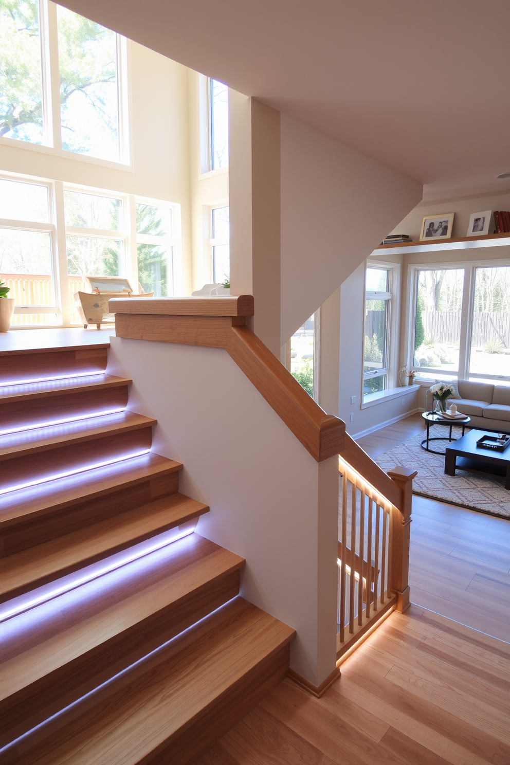 A modern staircase with built-in LED lighting that highlights the sleek lines of the steps. The staircase is surrounded by a warm wooden railing and opens up to a spacious family room filled with natural light. The family room features a cozy seating area with a large sectional sofa and a stylish coffee table. Large windows provide a view of the outdoor space, while decorative shelves display family photos and books.