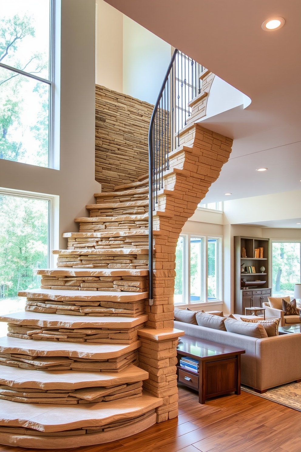 A natural stone staircase cascades gracefully through the family room, creating an earthy vibe that connects the interior to nature. The staircase features a blend of textured stones in warm tones, complemented by soft lighting that highlights its organic beauty. The family room is designed with an open layout, featuring plush seating arrangements that invite relaxation. Large windows frame the space, allowing natural light to flood in and enhance the earthy ambiance created by the stone staircase.