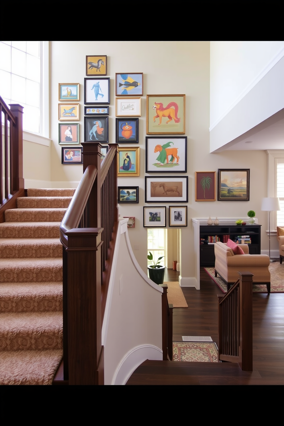 A grand staircase with a sleek wooden railing showcases a curated collection of wall art. The walls are painted in a soft neutral tone, allowing the vibrant artwork to become the focal point of the space. The staircase is adorned with a plush runner that adds warmth and texture. Natural light floods in from a nearby window, highlighting the family room's inviting atmosphere.