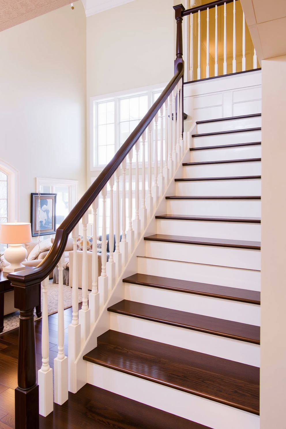 Classic white staircase with dark treads. The staircase features elegant white risers and a polished dark wood handrail that adds contrast and sophistication. Surrounding the staircase, the family room is adorned with plush seating and warm lighting. Large windows allow natural light to flood the space, highlighting the interplay between the staircase and the inviting atmosphere of the room.