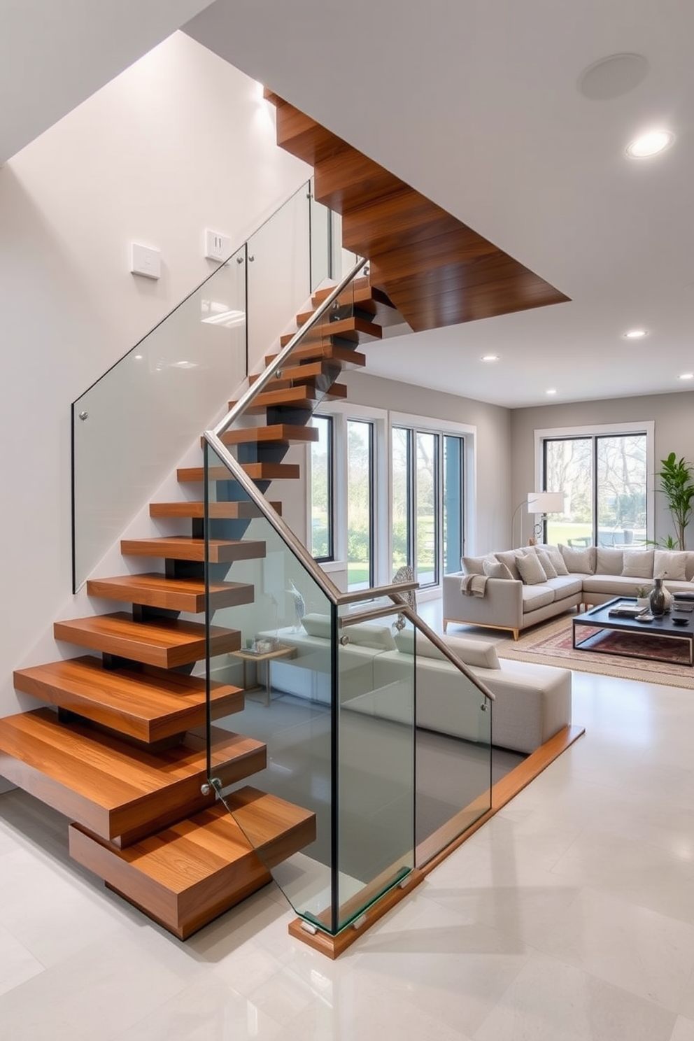 A contemporary staircase with sleek finishes features a floating design that showcases polished wood steps and a glass railing. The staircase is illuminated by recessed lighting, creating a bright and airy atmosphere in the family room. The family room design includes a cozy seating area with a large sectional sofa and a modern coffee table. Floor-to-ceiling windows allow natural light to flood the space, enhancing the warm color palette of soft grays and earthy tones.