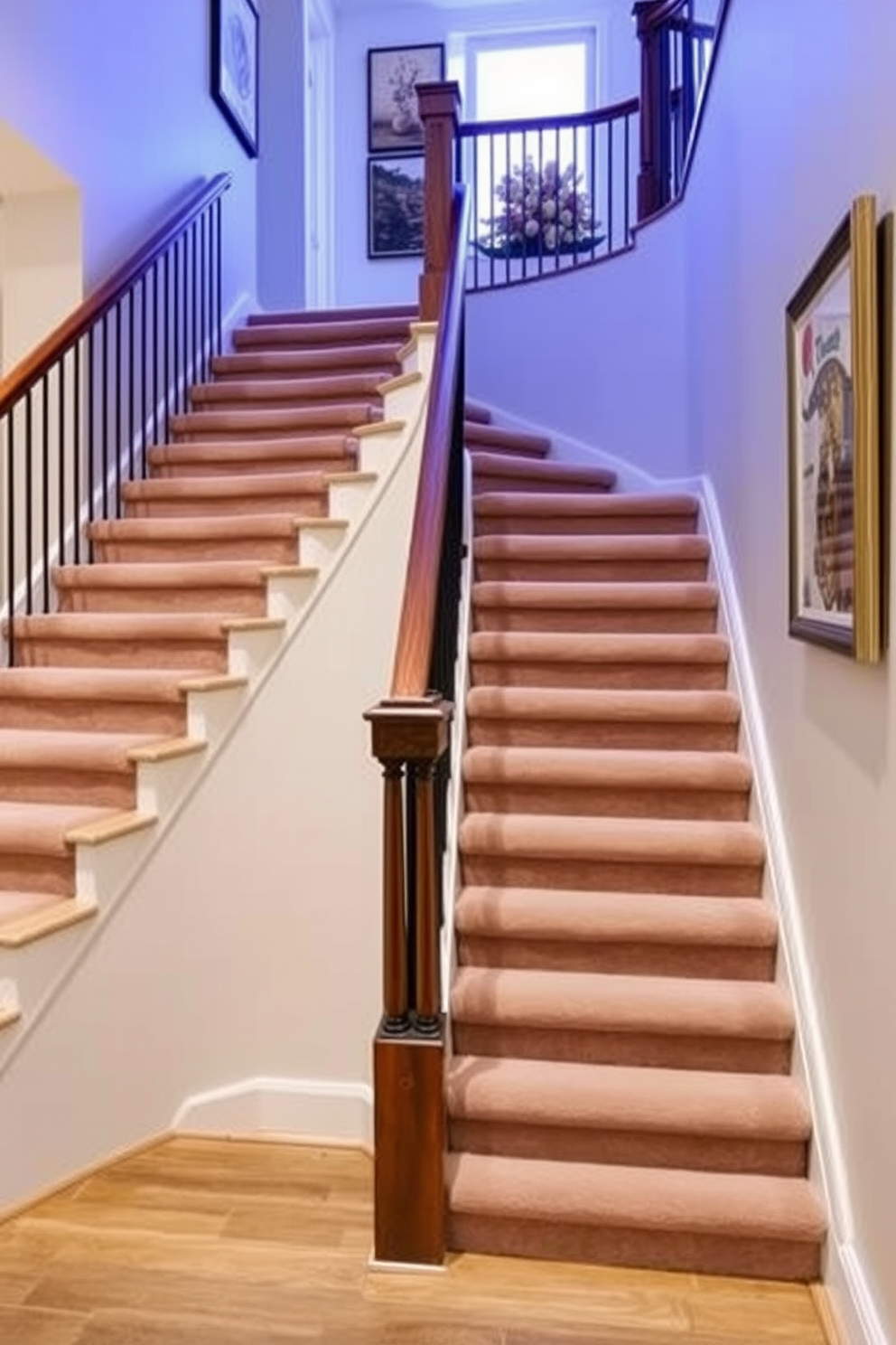 A staircase with upholstered steps for comfort. The plush fabric adds warmth and luxury while providing a soft surface for each step. A staircase in the family room design. This inviting feature seamlessly connects the living space while enhancing the overall aesthetic of the room.