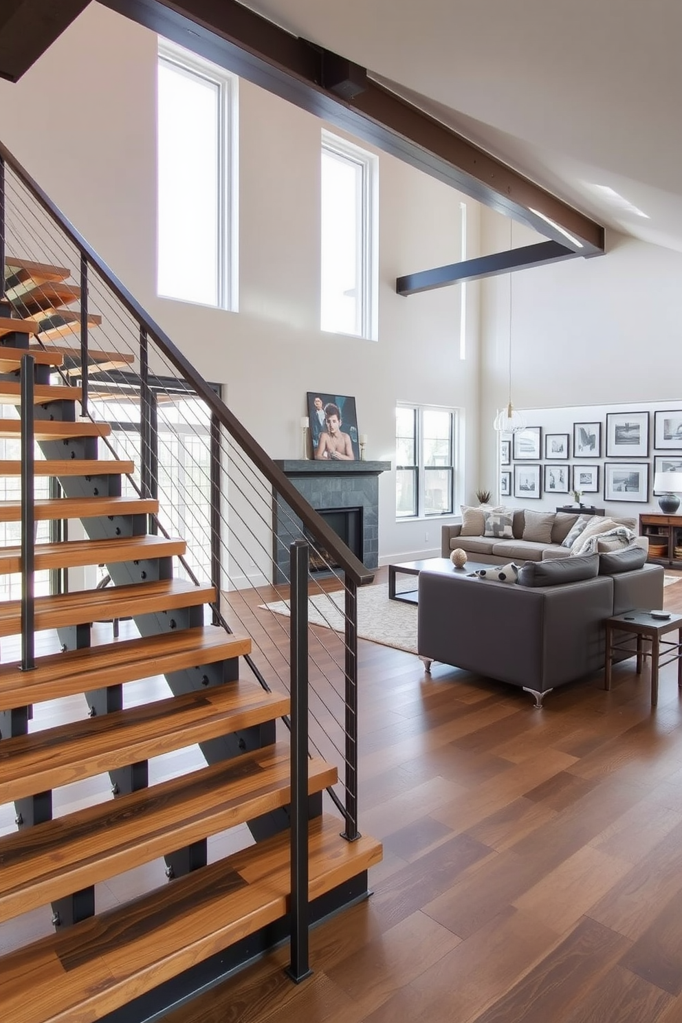 An industrial style staircase made of exposed steel and reclaimed wood leads to a spacious family room. The staircase features open risers and a sleek metal railing, complementing the room's modern aesthetic with large windows that allow natural light to flood in. The family room is designed with a mix of cozy textiles and bold furniture pieces. A large sectional sofa faces a minimalist coffee table, while a gallery wall of framed artwork adds character to the space.