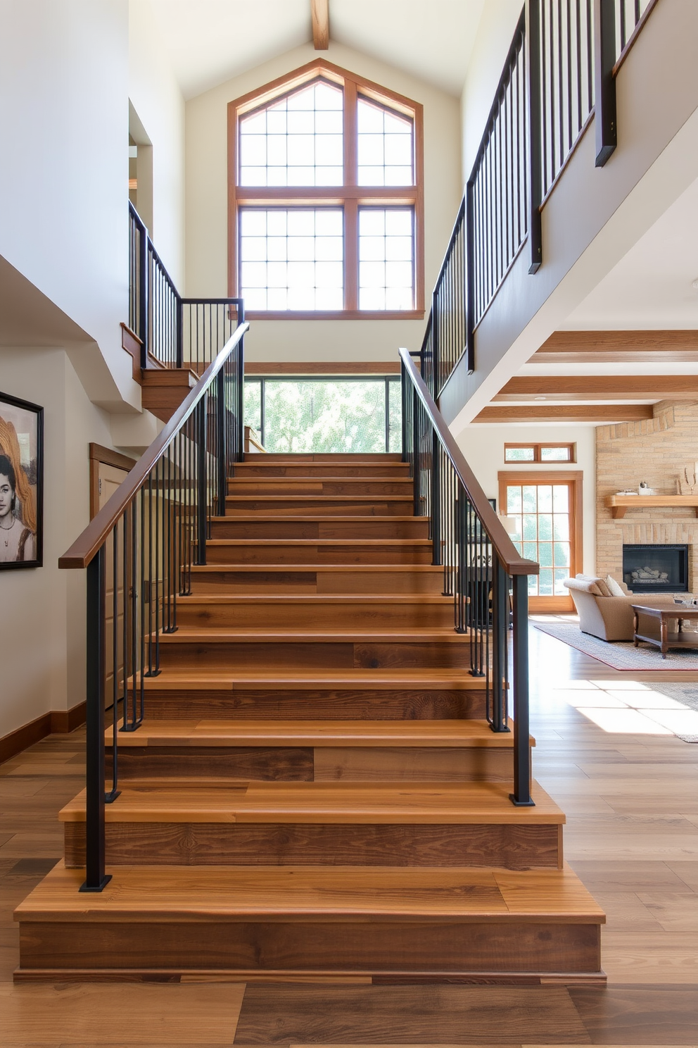 A stunning staircase featuring reclaimed wood elements that showcases the natural beauty of the materials. The steps are wide and inviting, leading to an open landing with a large window that floods the space with light. The staircase is framed by sleek metal railings that contrast beautifully with the warm tones of the wood. The family room is designed with comfortable seating and a cozy fireplace, creating a welcoming atmosphere for gatherings.