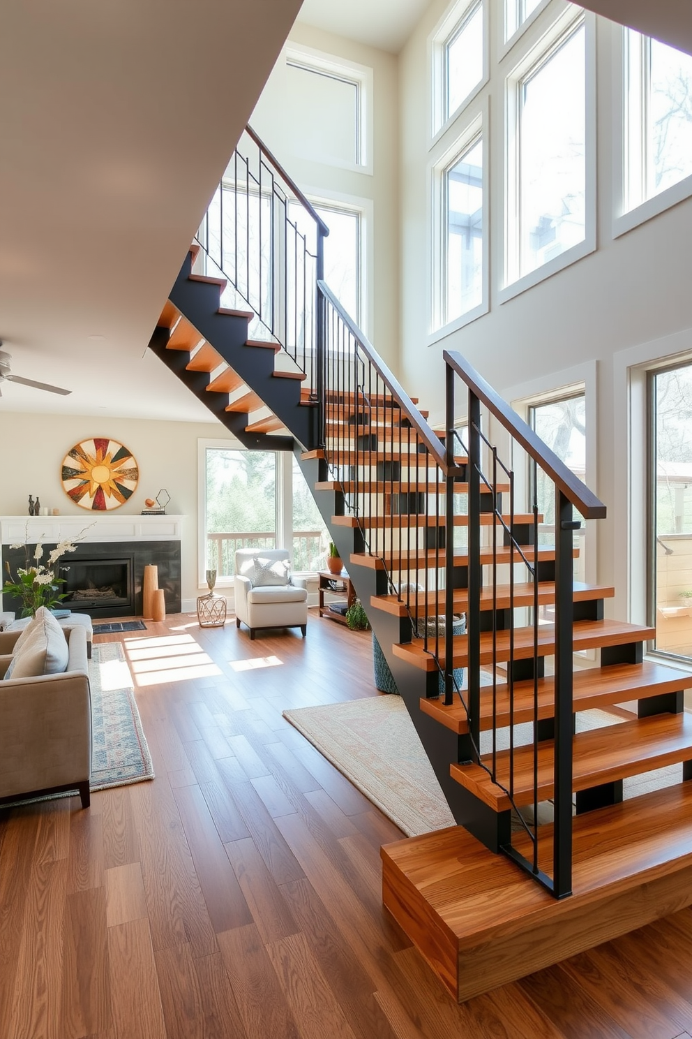 Open riser staircase designed to create an airy feel. The staircase features sleek wooden treads and a minimalist metal railing that enhances the spaciousness of the family room. Natural light floods the area through large windows, illuminating the staircase and surrounding decor. The family room is furnished with comfortable seating and modern accents that complement the open design of the staircase.