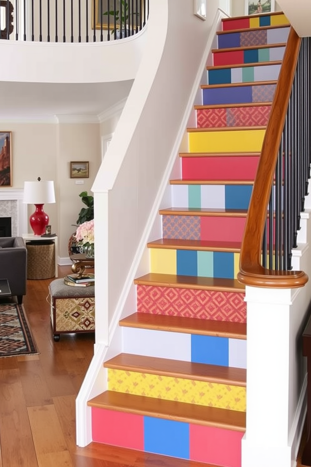 Brightly painted risers create a playful touch that enhances the overall aesthetic of the family room. The staircase features a combination of vibrant colors and patterns, making it a focal point that invites creativity and joy into the space.