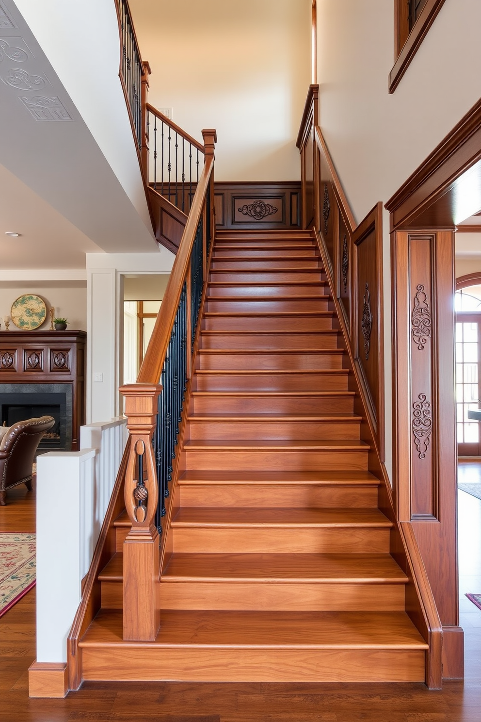 A grand staircase with intricate decorative side paneling ascends gracefully in the family room. The paneling features elegant carvings that complement the warm wood tones of the staircase, while soft lighting highlights the craftsmanship.