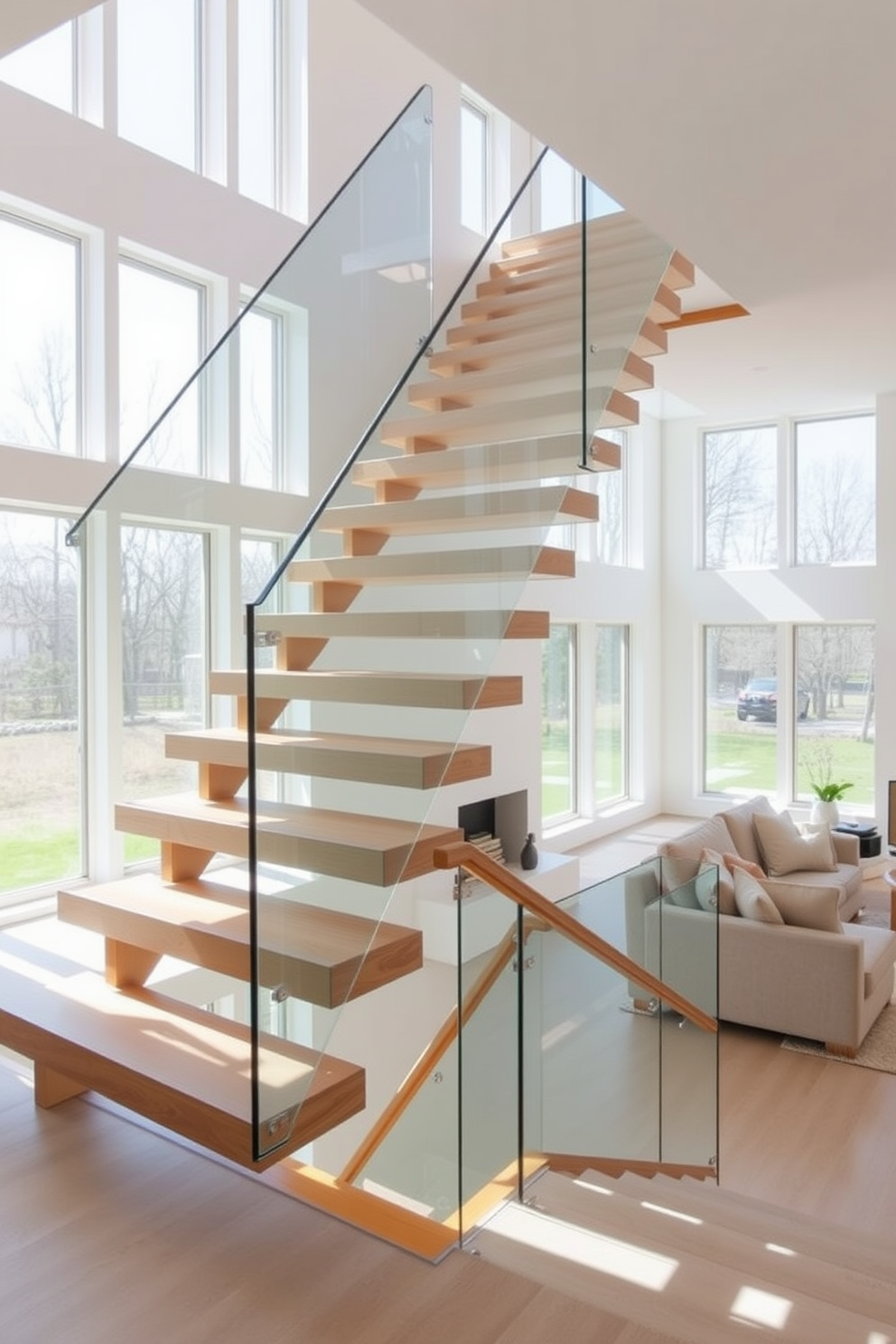 A minimalist staircase with an open design features sleek wooden steps that float elegantly in mid-air. The railing is made of transparent glass, allowing for an unobstructed view of the family room below. In the family room, large windows flood the space with natural light, highlighting the clean lines and simple furnishings. A cozy seating area with a neutral color palette complements the staircase, creating a harmonious flow between the two spaces.