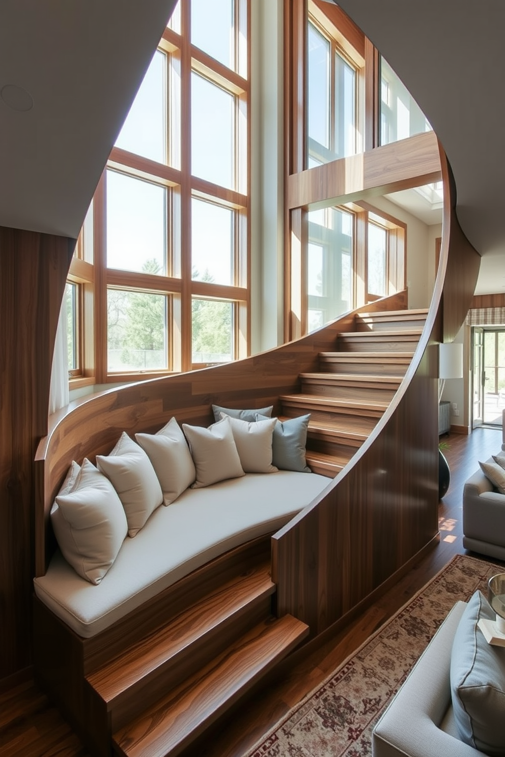 A stunning staircase with integrated seating area features a sleek wooden design that curves gracefully to the upper level. Plush cushions in neutral tones are arranged on the built-in seating, creating a cozy nook perfect for relaxation. The staircase is surrounded by large windows that allow natural light to flood the space, enhancing the warm wood tones. The family room design incorporates a harmonious blend of contemporary furniture and soft textiles, making it an inviting gathering spot for family and friends.