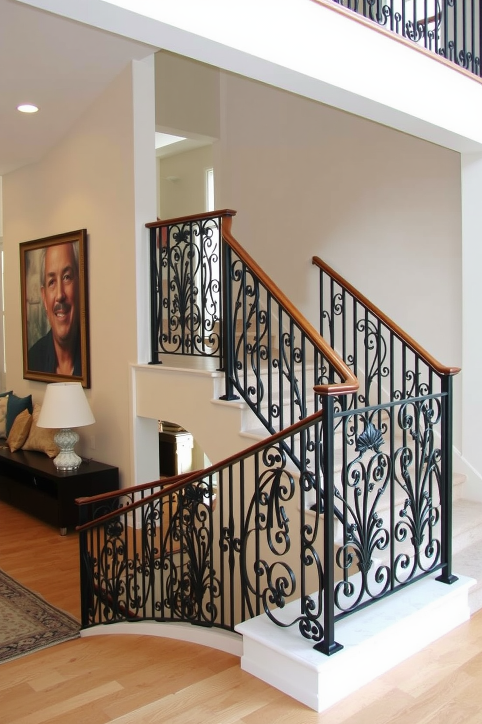 Elegant wrought iron railing adds a touch of sophistication to the family room. The staircase features intricate designs that complement the overall aesthetic of the space.