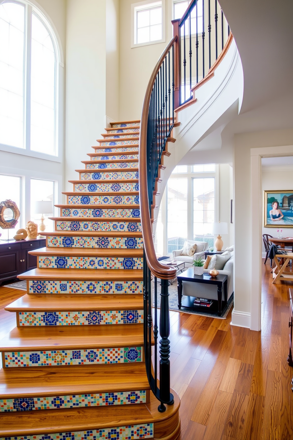 A stunning staircase with mosaic tile accents gracefully ascends through the family room. The vibrant tiles create a beautiful contrast against the warm wooden steps, enhancing the inviting atmosphere of the space. The family room features a cozy seating area with plush sofas and a stylish coffee table. Large windows allow natural light to flood in, highlighting the intricate details of the staircase and the overall design aesthetic.