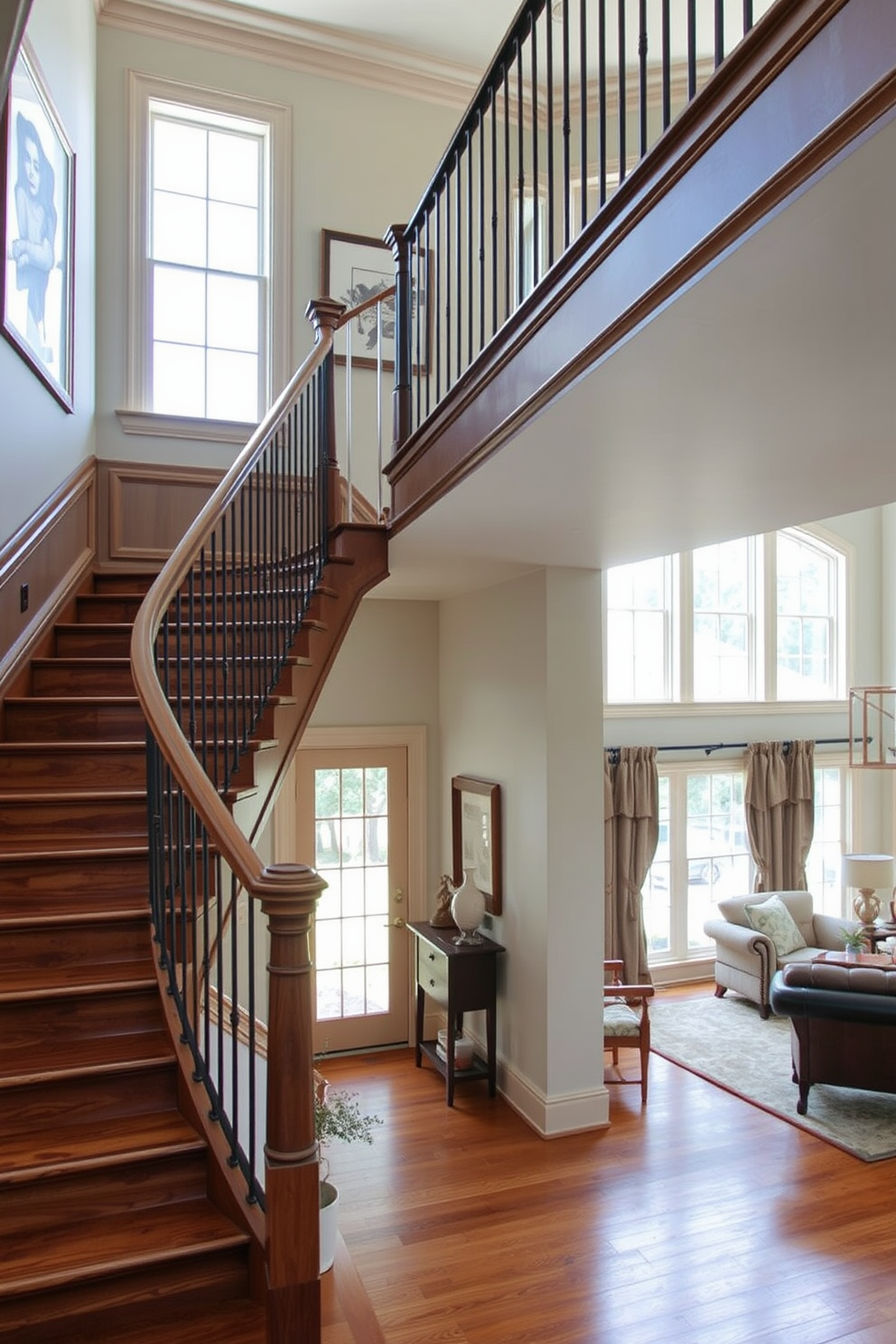 A transitional staircase elegantly blends traditional and modern elements. The wooden staircase features a sleek metal railing, and the walls are adorned with a mix of classic molding and contemporary artwork. Natural light floods the family room through large windows, highlighting the warm tones of the hardwood floor. Cozy seating arrangements invite relaxation, complemented by a mix of vintage and modern decor pieces.