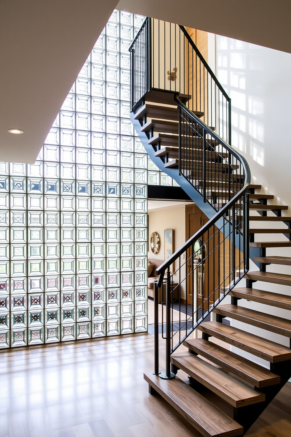 A modern staircase featuring a glass block wall that allows natural light to filter through. The staircase is surrounded by a spacious family room with cozy seating and contemporary decor elements. The glass block wall creates a striking visual effect while enhancing the open feel of the space. The family room is designed with warm tones and textures, inviting relaxation and family gatherings.