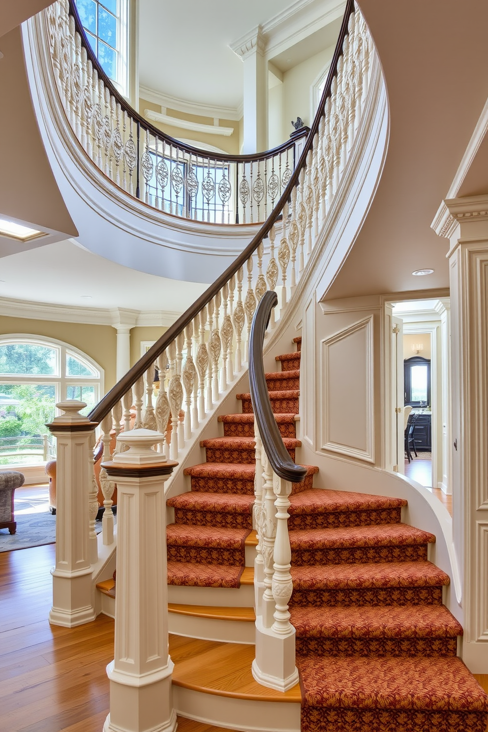 A grand staircase with intricate decorative molding details winds elegantly through the family room. The balustrade features ornate carvings, while the steps are covered in a rich, textured carpet that adds warmth to the space. Natural light floods the area through large windows, illuminating the staircase and highlighting its craftsmanship. The family room is designed with comfortable seating and soft, inviting colors that complement the staircase's design.