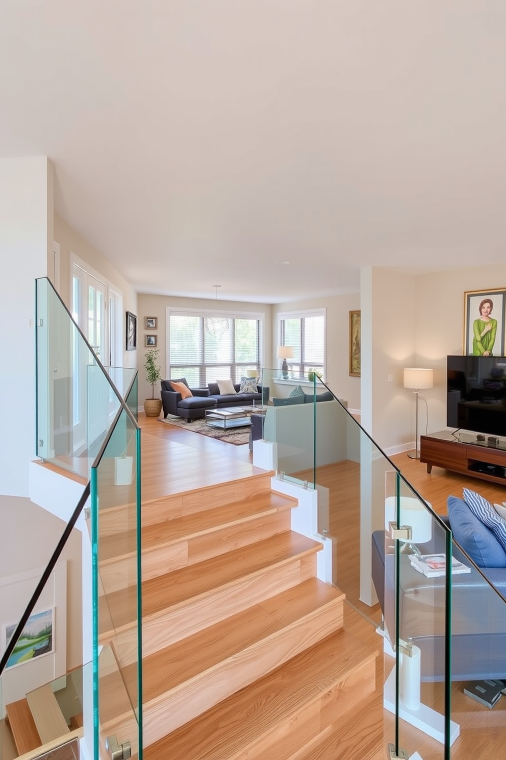 A glass railing elegantly frames a modern staircase, enhancing the open feel of the family room. The staircase features sleek wooden steps that complement the contemporary design, creating a seamless flow between spaces.