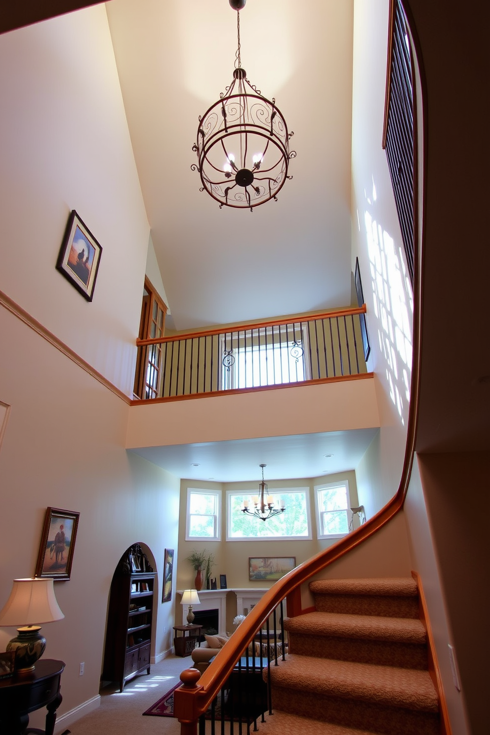 A stunning staircase elegantly curves upward, featuring a unique light fixture that hangs gracefully overhead. The walls are adorned with tasteful artwork, and the warm wooden railing complements the inviting atmosphere of the family room. The staircase is framed by plush carpeting that adds comfort and style, leading to an open landing filled with natural light. Below, the family room is designed with cozy seating arrangements, perfect for gathering and relaxation.