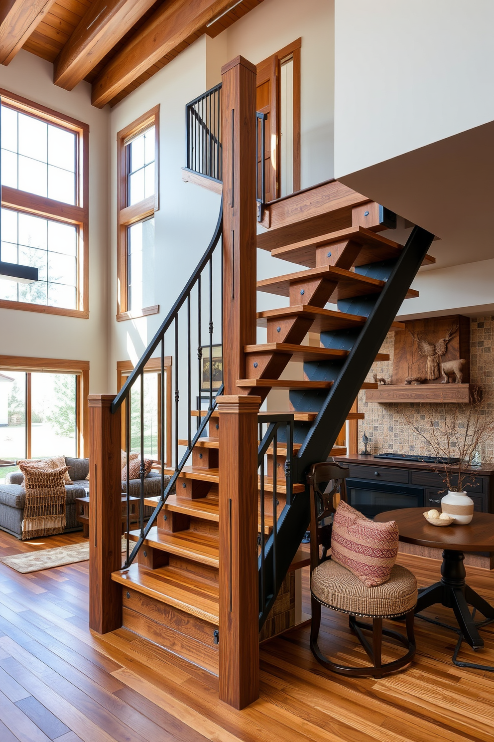 A rustic wooden staircase with metal details ascends gracefully in the family room. The warm tones of the wood contrast beautifully with the sleek metal railings, creating a harmonious blend of traditional and modern elements. Surrounding the staircase, the family room features cozy seating arrangements and natural light streaming through large windows. Earthy textures and colors enhance the inviting atmosphere, making it a perfect space for family gatherings.